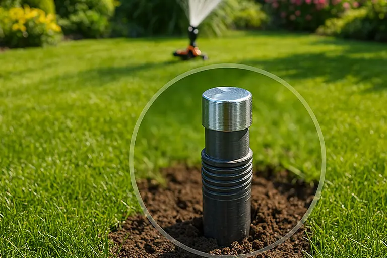 pompe forage 1 Système d'irrigation automatique dans un jardin verdoyant.